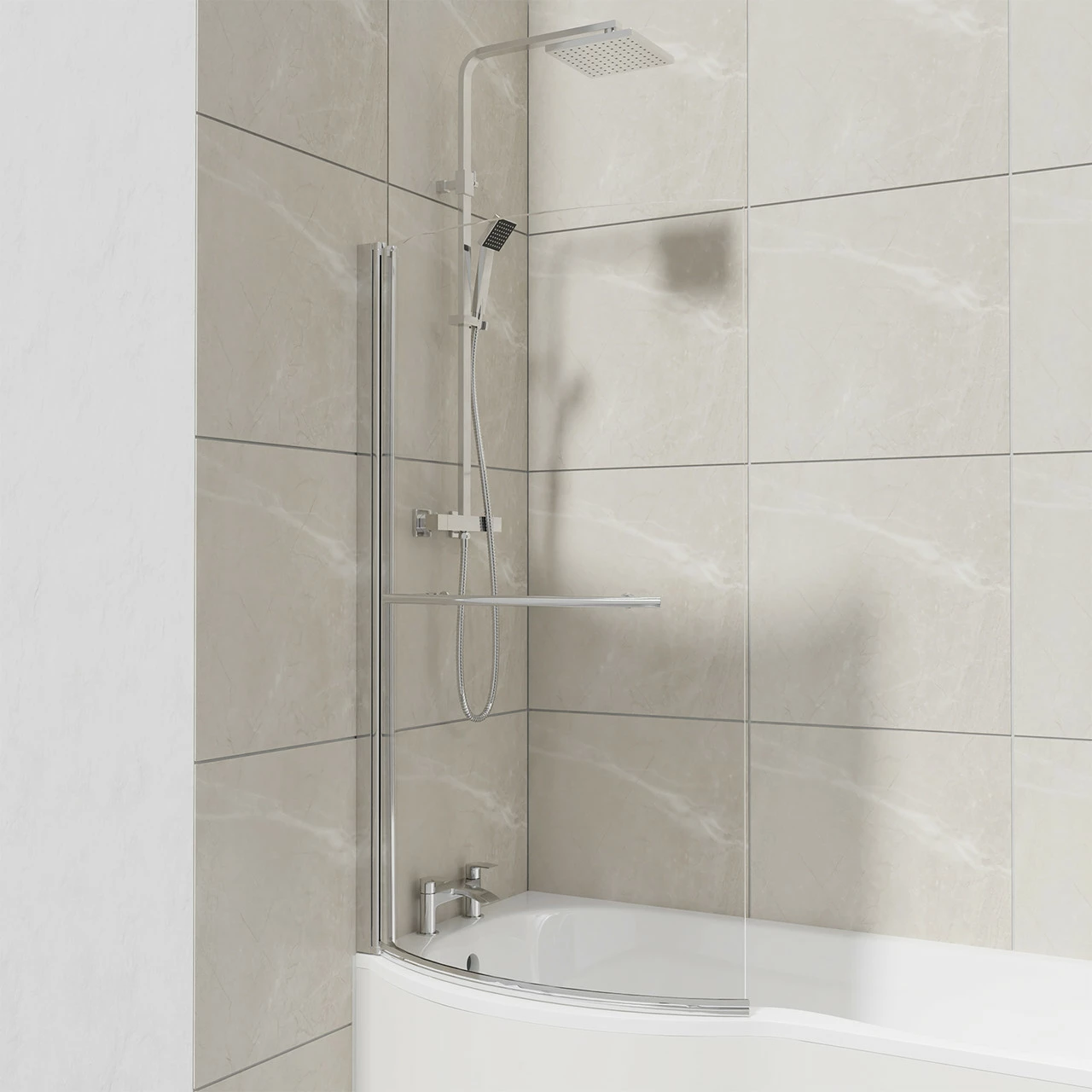 Bayou Polished Chrome 870mm Curved B Shaped Bath Shower Screen With Towel Rail