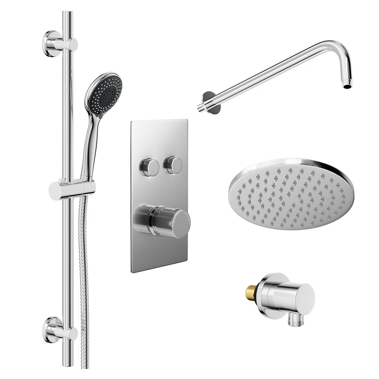 Windsor. Circo Polished Chrome Concealed Push Button Twin Thermostatic Shower Valve And 200mm Round Fixed Head With Wall Arm And Clyde Slide Rail Kit With Round Elbow - 2 Outlet 5 Windsor. Circo Polished Chrome Concealed Push Button Twin Thermostatic Shower Valve And 200mm Round Fixed Head With Wall Arm And Clyde Slide Rail Kit With Round Elbow - 2 Outlet - Image 3