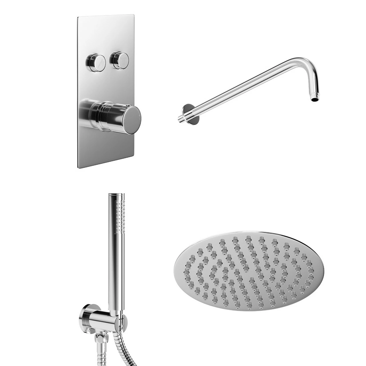 Circo Polished Chrome Concealed Push Button Twin Thermostatic Shower Valve Including Round Fixed Shower Head And Round Shower Outlet Holder With Kit - 2 Outlet 4 Circo Polished Chrome Concealed Push Button Twin Thermostatic Shower Valve Including Round Fixed Shower Head And Round Shower Outlet Holder With Kit - 2 Outlet - Image 2
