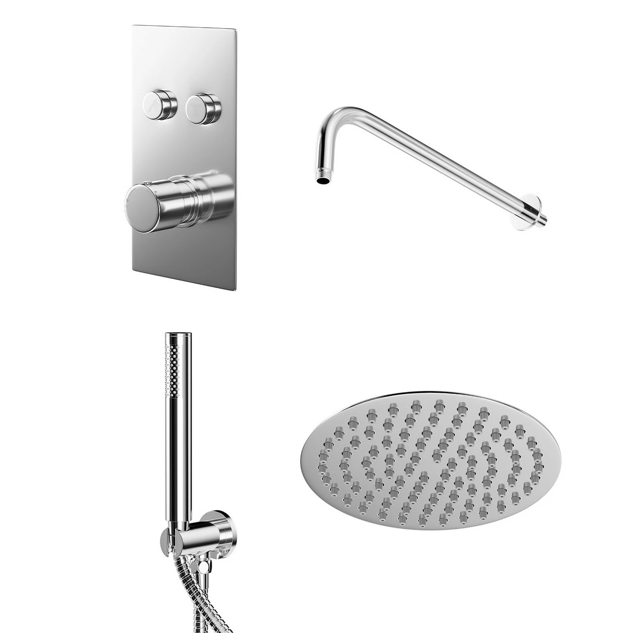 Circo Polished Chrome Concealed Push Button Twin Thermostatic Shower Valve Including Round Fixed Shower Head And Round Shower Outlet Holder With Kit - 2 Outlet 3 Circo Polished Chrome Concealed Push Button Twin Thermostatic Shower Valve Including Round Fixed Shower Head And Round Shower Outlet Holder With Kit - 2 Outlet