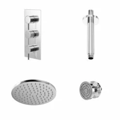 Windsor. Circo Polished Chrome Triple Thermostatic Shower Valve And 200mm Round Fixed Head With Ceiling Arm And 4 Round Body Jets - 2 Outlet