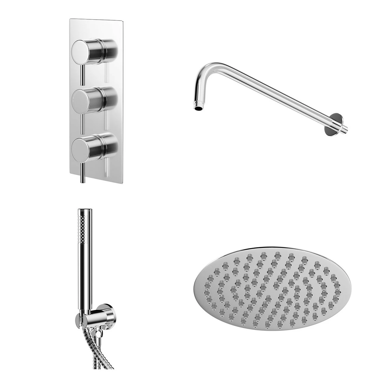 Circo Polished Chrome Triple Thermostatic Shower Valve And 200mm Thin Round Fixed Head With Wall Arm And Round Handset Outlet Holder - 2 Outlet 3 Circo Polished Chrome Triple Thermostatic Shower Valve And 200mm Thin Round Fixed Head With Wall Arm And Round Handset Outlet Holder - 2 Outlet