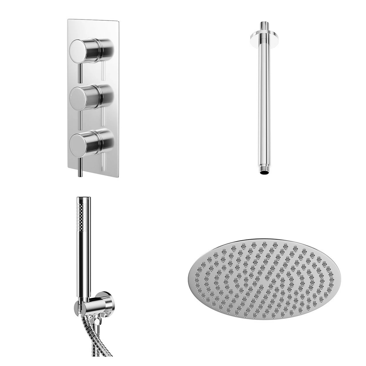 Circo Polished Chrome Triple Thermostatic Shower Valve And 300mm Thin Round Fixed Head With Ceiling Arm And Round Handset Outlet Holder - 2 Outlet 3 Circo Polished Chrome Triple Thermostatic Shower Valve And 300mm Thin Round Fixed Head With Ceiling Arm And Round Handset Outlet Holder - 2 Outlet