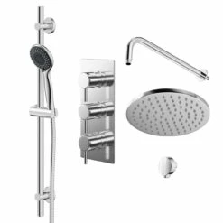 Circo Polished Chrome Triple Thermostatic Valve Mixer Shower With Round Fixed Head And Clyde Shower Slide Rail Kit - 2 Outlet