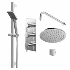 Circo Polished Chrome Triple Thermostatic Valve Mixer Shower With Round Fixed Head And Severn Shower Slide Rail Kit - 2 Outlet