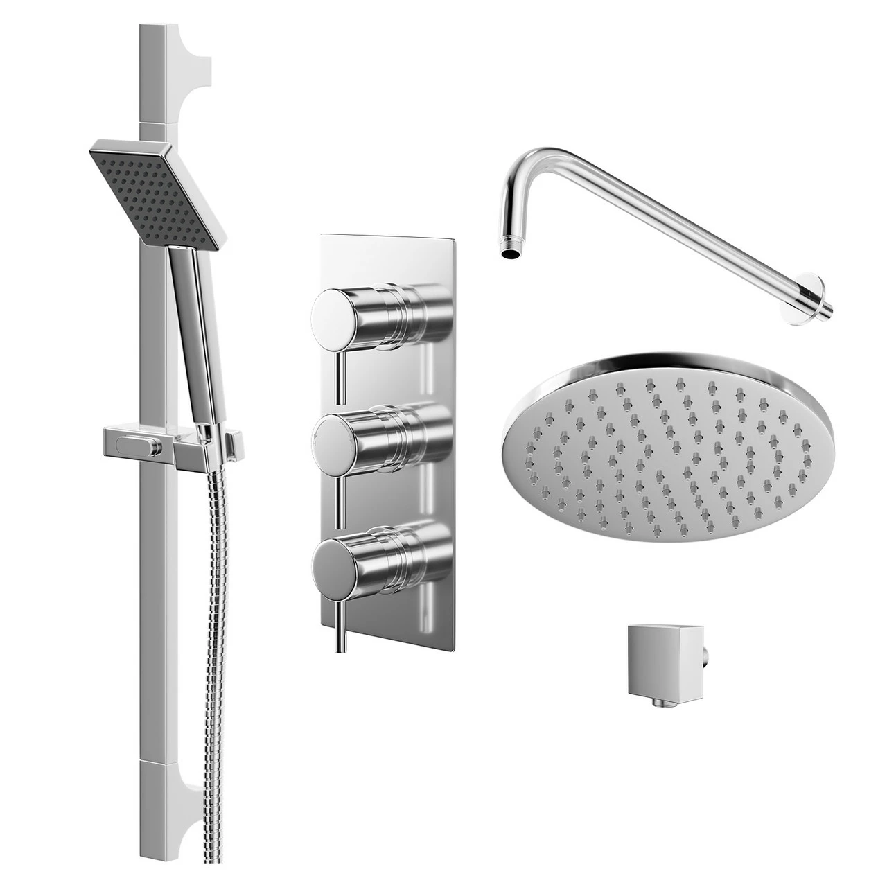 Circo Polished Chrome Triple Thermostatic Valve Mixer Shower With Round Fixed Head And Severn Shower Slide Rail Kit - 2 Outlet