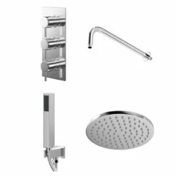 Circo Polished Chrome Triple Thermostatic Valve Mixer Shower With Round Fixed Head And Square Handset Outlet Holder - 2 Outlet