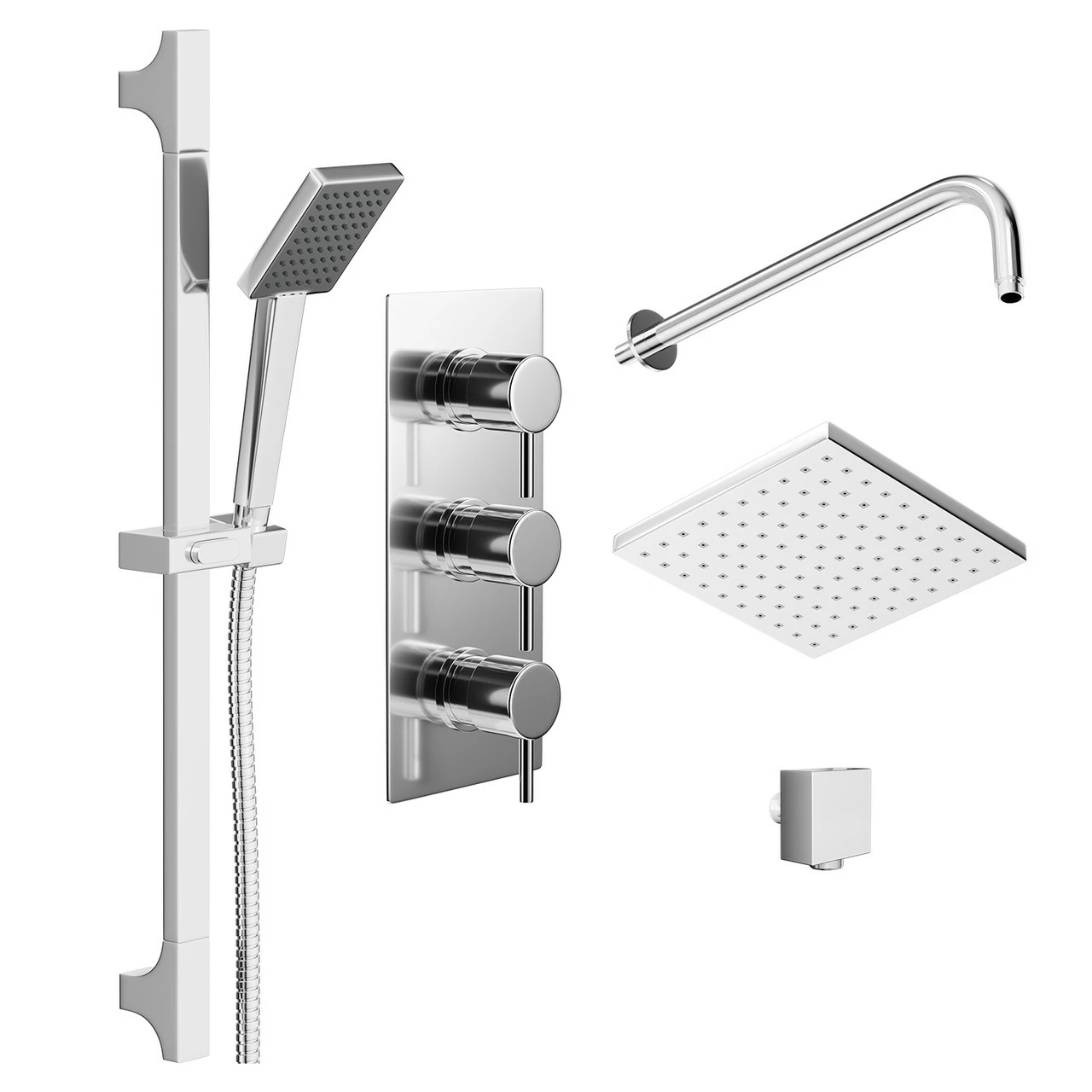 Circo Polished Chrome Triple Thermostatic Valve Mixer Shower With Square Fixed Head And Severn Shower Slide Rail Kit - 2 Outlet - Image 3