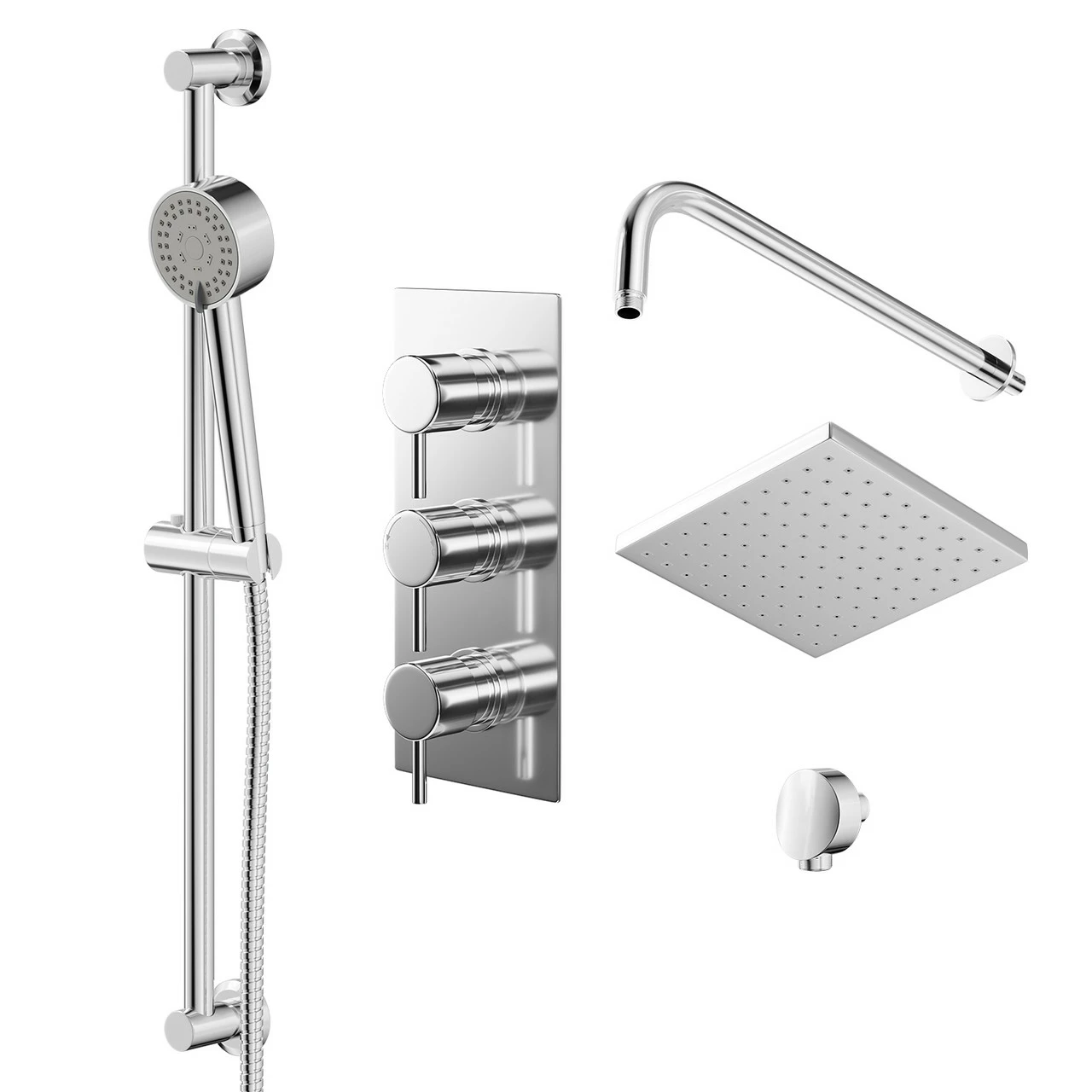 Circo Polished Chrome Triple Thermostatic Valve Mixer Shower With Square Fixed Head And Tyne Shower Slide Rail Kit - 2 Outlet