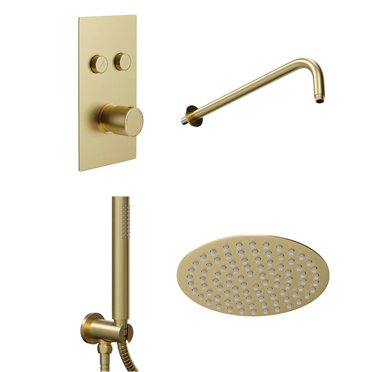 Colore Brushed Brass Concealed Push Button Shower Valve Including Round Fixed Shower Head And Round Handset Outlet Holder With Kit - 2 Outlet 5 Colore Brushed Brass Concealed Push Button Shower Valve Including Round Fixed Shower Head And Round Handset Outlet Holder With Kit - 2 Outlet - Image 3