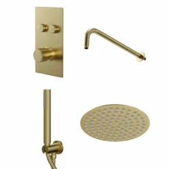 Colore Brushed Brass Concealed Push Button Shower Valve Including Round Fixed Shower Head And Round Handset Outlet Holder With Kit - 2 Outlet