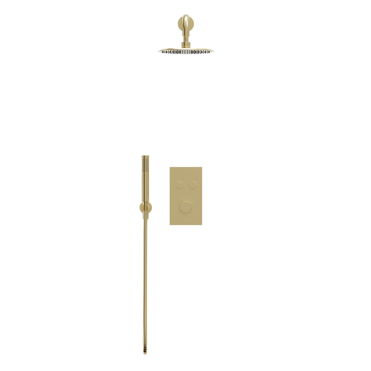 Colore Brushed Brass Concealed Push Button Twin Thermostatic Shower Valve Including 200mm Round Fixed Shower Head With Wall Arm And Round Shower Outlet Holder With Kit - 2 Outlet 4 Colore Brushed Brass Concealed Push Button Twin Thermostatic Shower Valve Including 200mm Round Fixed Shower Head With Wall Arm And Round Shower Outlet Holder With Kit - 2 Outlet - Image 2