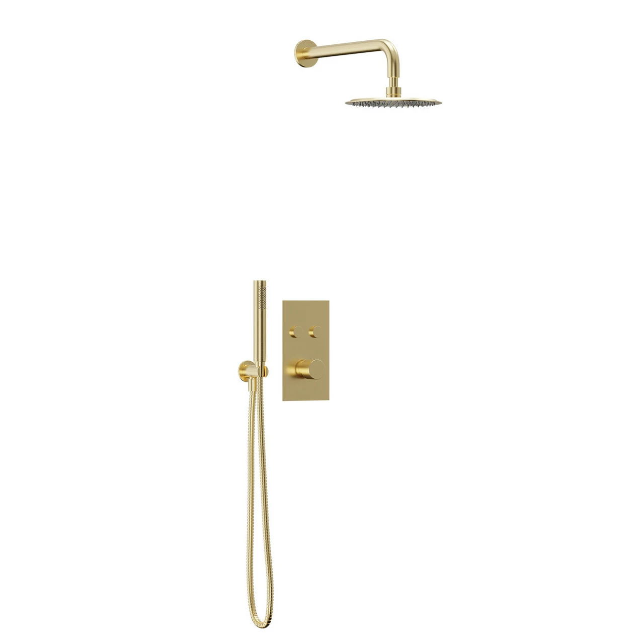 Colore Brushed Brass Concealed Push Button Twin Thermostatic Shower Valve Including 200mm Round Fixed Shower Head With Wall Arm And Round Shower Outlet Holder With Kit - 2 Outlet 5 Colore Brushed Brass Concealed Push Button Twin Thermostatic Shower Valve Including 200mm Round Fixed Shower Head With Wall Arm And Round Shower Outlet Holder With Kit - 2 Outlet - Image 3