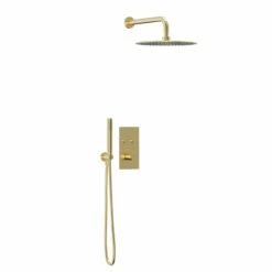 Colore Brushed Brass Concealed Push Button Twin Thermostatic Shower Valve Including 300mm Round Fixed Shower Head With Wall Arm And Round Shower Outlet Holder With Kit - 2 Outlet 7 Colore Brushed Brass Concealed Push Button Twin Thermostatic Shower Valve Including 300mm Round Fixed Shower Head With Wall Arm And Round Shower Outlet Holder With Kit - 2 Outlet -Wholesaledomestic Shop colore brushed brass concealed push button twin thermostatic shower valve including 300mm round fixed shower head with wall arm and round shower outlet holder with kit left 98469.1652445037