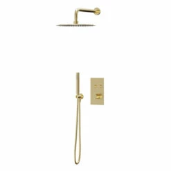 Colore Brushed Brass Concealed Push Button Twin Thermostatic Shower Valve Including 300mm Round Fixed Shower Head With Wall Arm And Round Shower Outlet Holder With Kit - 2 Outlet