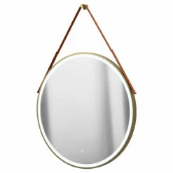 Colore Brushed Brass Frame With Brown Strap 800mm Round Illuminated LED Mirror With Demister And Touch Sensor