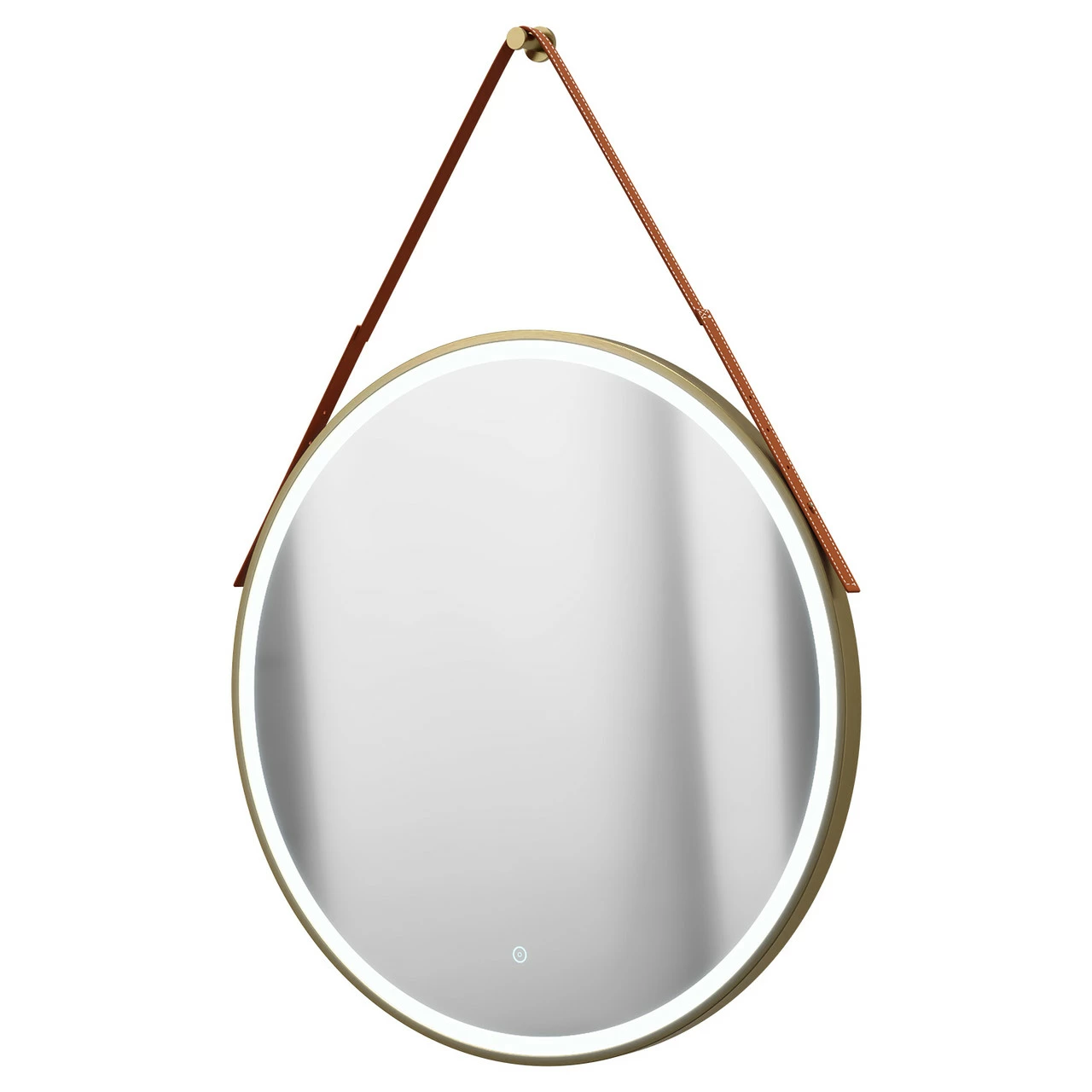 Colore Brushed Brass Frame With Brown Strap 800mm Round Illuminated LED Mirror With Demister And Touch Sensor 3 Colore Brushed Brass Frame With Brown Strap 800mm Round Illuminated LED Mirror With Demister And Touch Sensor