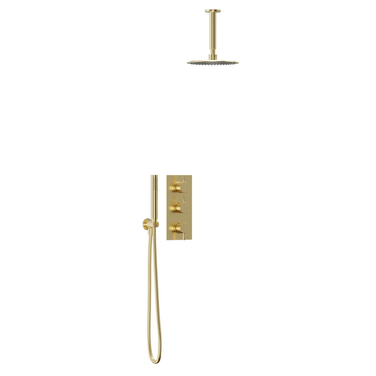 Colore Brushed Brass Triple Thermostatic Valve Mixer Shower Including 200mm Round Fixed Shower Head With Ceiling Arm And Round Shower Outlet Holder With Kit - 2 Outlet 5 Colore Brushed Brass Triple Thermostatic Valve Mixer Shower Including 200mm Round Fixed Shower Head With Ceiling Arm And Round Shower Outlet Holder With Kit - 2 Outlet - Image 3