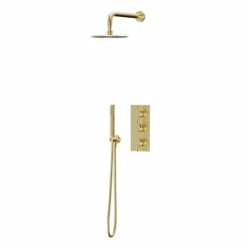 Colore Brushed Brass Triple Thermostatic Valve Mixer Shower Including 200mm Round Fixed Shower Head With Wall Arm And Round Shower Outlet Holder With Kit - 2 Outlet