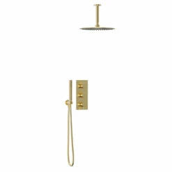 Colore Brushed Brass Triple Thermostatic Valve Mixer Shower Including 300mm Round Fixed Shower Head With Ceiling Arm And Round Shower Outlet Holder With Kit - 2 Outlet 7 Colore Brushed Brass Triple Thermostatic Valve Mixer Shower Including 300mm Round Fixed Shower Head With Ceiling Arm And Round Shower Outlet Holder With Kit - 2 Outlet -Wholesaledomestic Shop colore brushed brass triple thermostatic valve mixer shower including 300mm round fixed shower head with ceiling arm and round shower outlet holder with kit left 69208.1652445038
