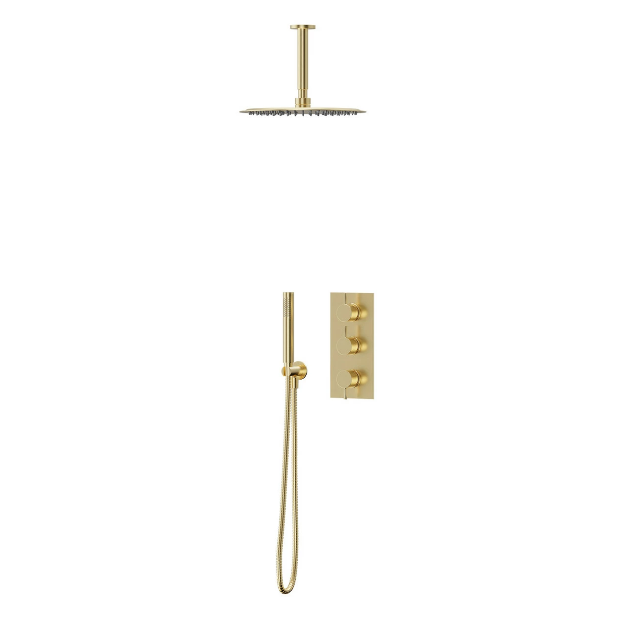 Colore Brushed Brass Triple Thermostatic Valve Mixer Shower Including 300mm Round Fixed Shower Head With Ceiling Arm And Round Shower Outlet Holder With Kit - 2 Outlet 3 Colore Brushed Brass Triple Thermostatic Valve Mixer Shower Including 300mm Round Fixed Shower Head With Ceiling Arm And Round Shower Outlet Holder With Kit - 2 Outlet