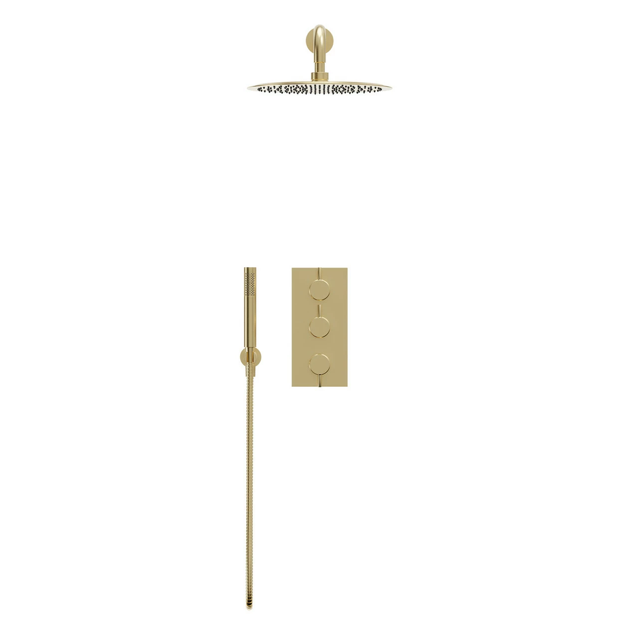 Colore Brushed Brass Triple Thermostatic Valve Mixer Shower Including 300mm Round Fixed Shower Head With Wall Arm And Round Shower Outlet Holder With Kit - 2 Outlet 4 Colore Brushed Brass Triple Thermostatic Valve Mixer Shower Including 300mm Round Fixed Shower Head With Wall Arm And Round Shower Outlet Holder With Kit - 2 Outlet - Image 2