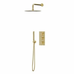 Colore Brushed Brass Triple Thermostatic Valve Mixer Shower Including 300mm Round Fixed Shower Head With Wall Arm And Round Shower Outlet Holder With Kit - 2 Outlet