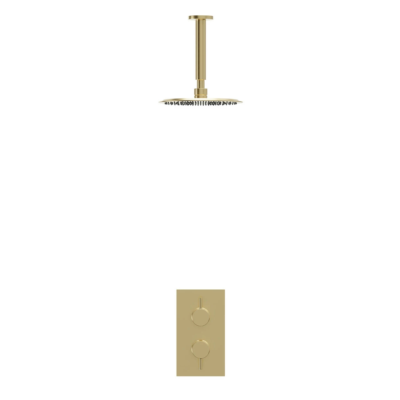 Colore Brushed Brass Twin Thermostatic Valve Mixer Shower With 200mm Round Fixed Shower Head And Ceiling Arm - 1 Outlet 4 Colore Brushed Brass Twin Thermostatic Valve Mixer Shower With 200mm Round Fixed Shower Head And Ceiling Arm - 1 Outlet - Image 2