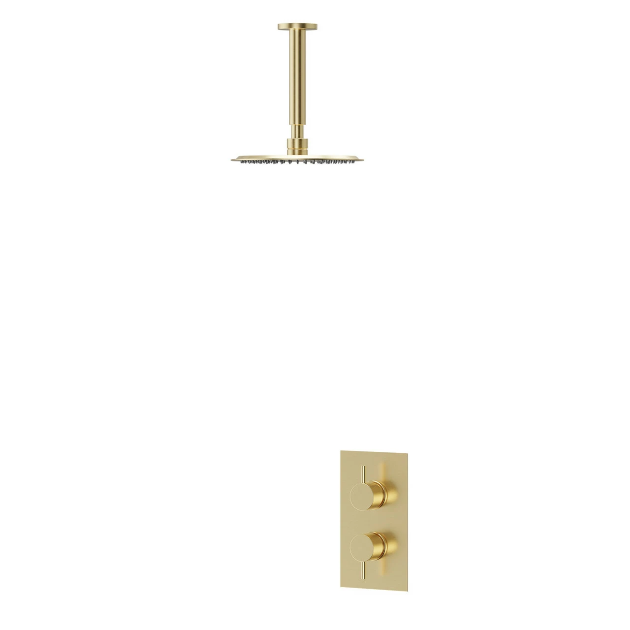 Colore Brushed Brass Twin Thermostatic Valve Mixer Shower With 200mm Round Fixed Shower Head And Ceiling Arm - 1 Outlet 3 Colore Brushed Brass Twin Thermostatic Valve Mixer Shower With 200mm Round Fixed Shower Head And Ceiling Arm - 1 Outlet
