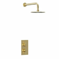 Colore Brushed Brass Twin Thermostatic Valve Mixer Shower With 200mm Round Fixed Shower Head And Wall Arm- 1 Outlet 7 Colore Brushed Brass Twin Thermostatic Valve Mixer Shower With 200mm Round Fixed Shower Head And Wall Arm- 1 Outlet -Wholesaledomestic Shop colore brushed brass twin thermostatic valve mixer shower with 200mm round fixed shower head and wall arm left 69730.1652445040