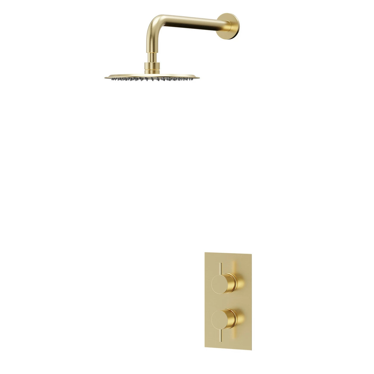 Colore Brushed Brass Twin Thermostatic Valve Mixer Shower With 200mm Round Fixed Shower Head And Wall Arm- 1 Outlet 3 Colore Brushed Brass Twin Thermostatic Valve Mixer Shower With 200mm Round Fixed Shower Head And Wall Arm- 1 Outlet