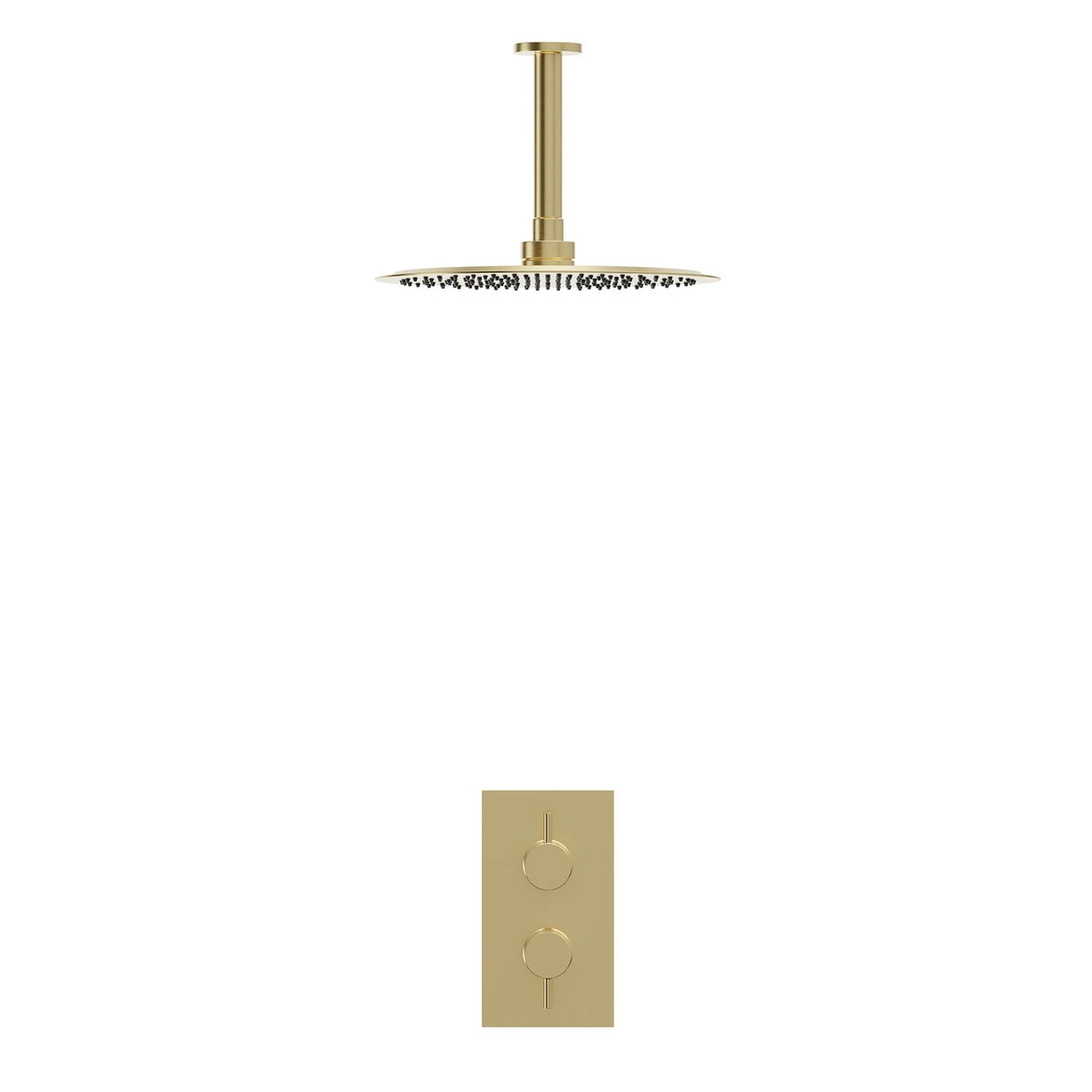 Colore Brushed Brass Twin Thermostatic Valve Mixer Shower With 300mm Round Fixed Shower Head And Ceiling Arm - 1 Outlet 4 Colore Brushed Brass Twin Thermostatic Valve Mixer Shower With 300mm Round Fixed Shower Head And Ceiling Arm - 1 Outlet - Image 2