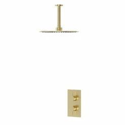 Colore Brushed Brass Twin Thermostatic Valve Mixer Shower With 300mm Round Fixed Shower Head And Ceiling Arm - 1 Outlet