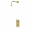 Colore Brushed Brass Twin Thermostatic Valve Mixer Shower With 300mm Round Fixed Shower Head And Wall Arm - 1 Outlet -Wholesaledomestic Shop colore brushed brass twin thermostatic valve mixer shower with 300mm round fixed shower head and wall arm right 36670.1652445040