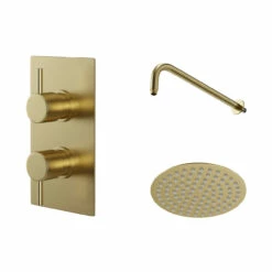 Colore Brushed Brass Twin Thermostatic Valve Mixer Shower With Round Fixed Head And Wall Arm - 1 Outlet