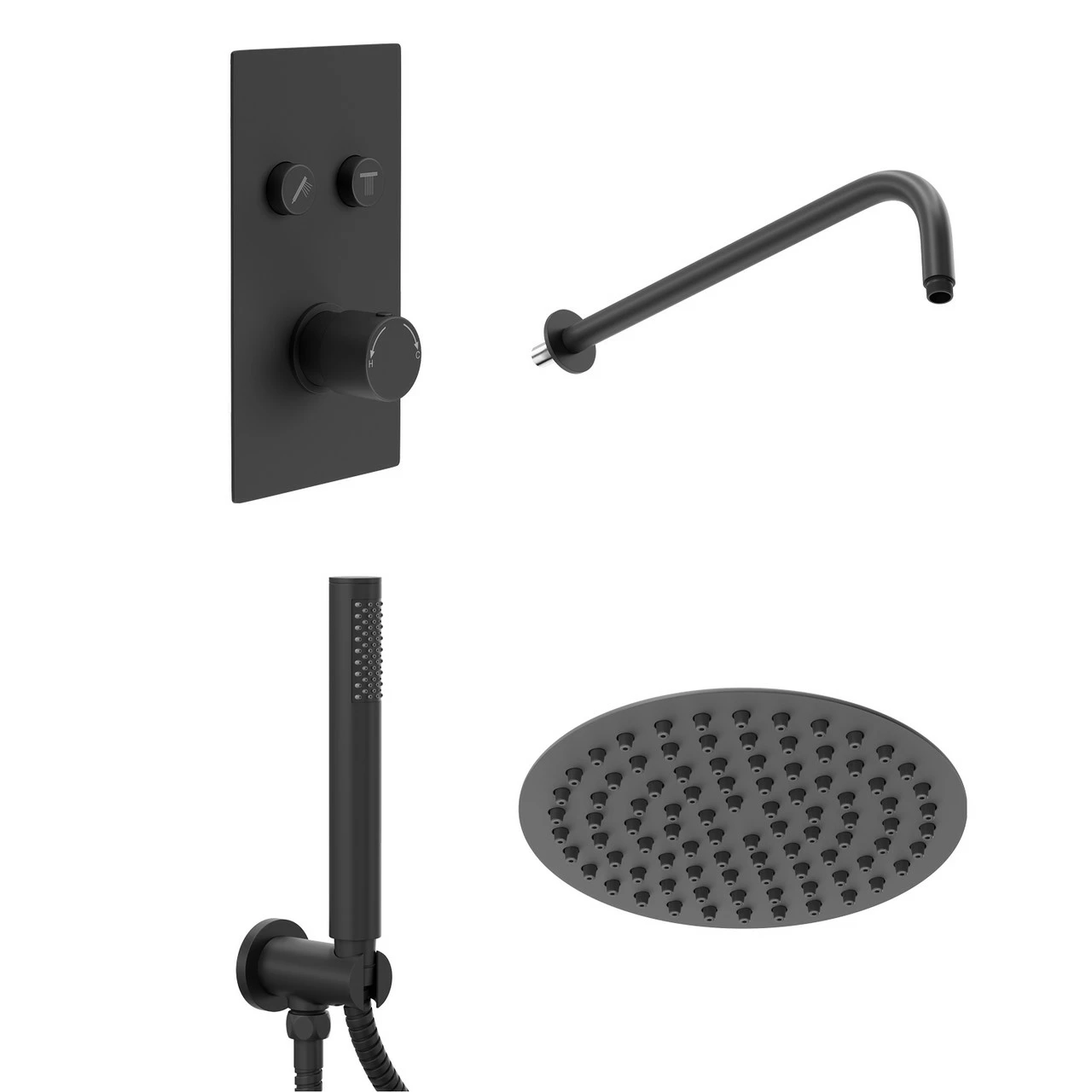 Colore Matt Black Concealed Push Button Shower Valve Including Round Fixed Shower Head And Round Handset Outlet Holder With Kit - 2 Outlet 5 Colore Matt Black Concealed Push Button Shower Valve Including Round Fixed Shower Head And Round Handset Outlet Holder With Kit - 2 Outlet - Image 3
