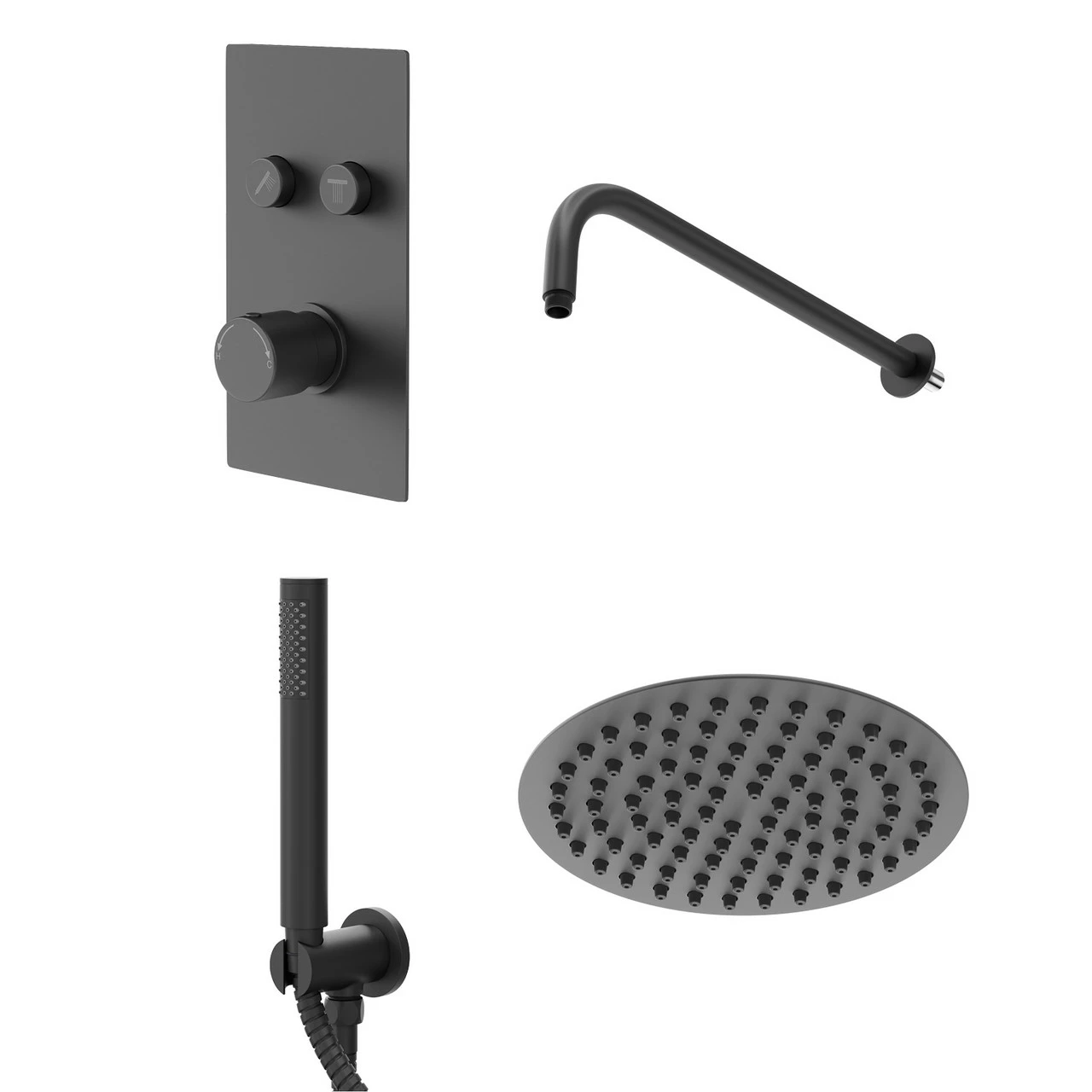 Colore Matt Black Concealed Push Button Shower Valve Including Round Fixed Shower Head And Round Handset Outlet Holder With Kit - 2 Outlet 3 Colore Matt Black Concealed Push Button Shower Valve Including Round Fixed Shower Head And Round Handset Outlet Holder With Kit - 2 Outlet