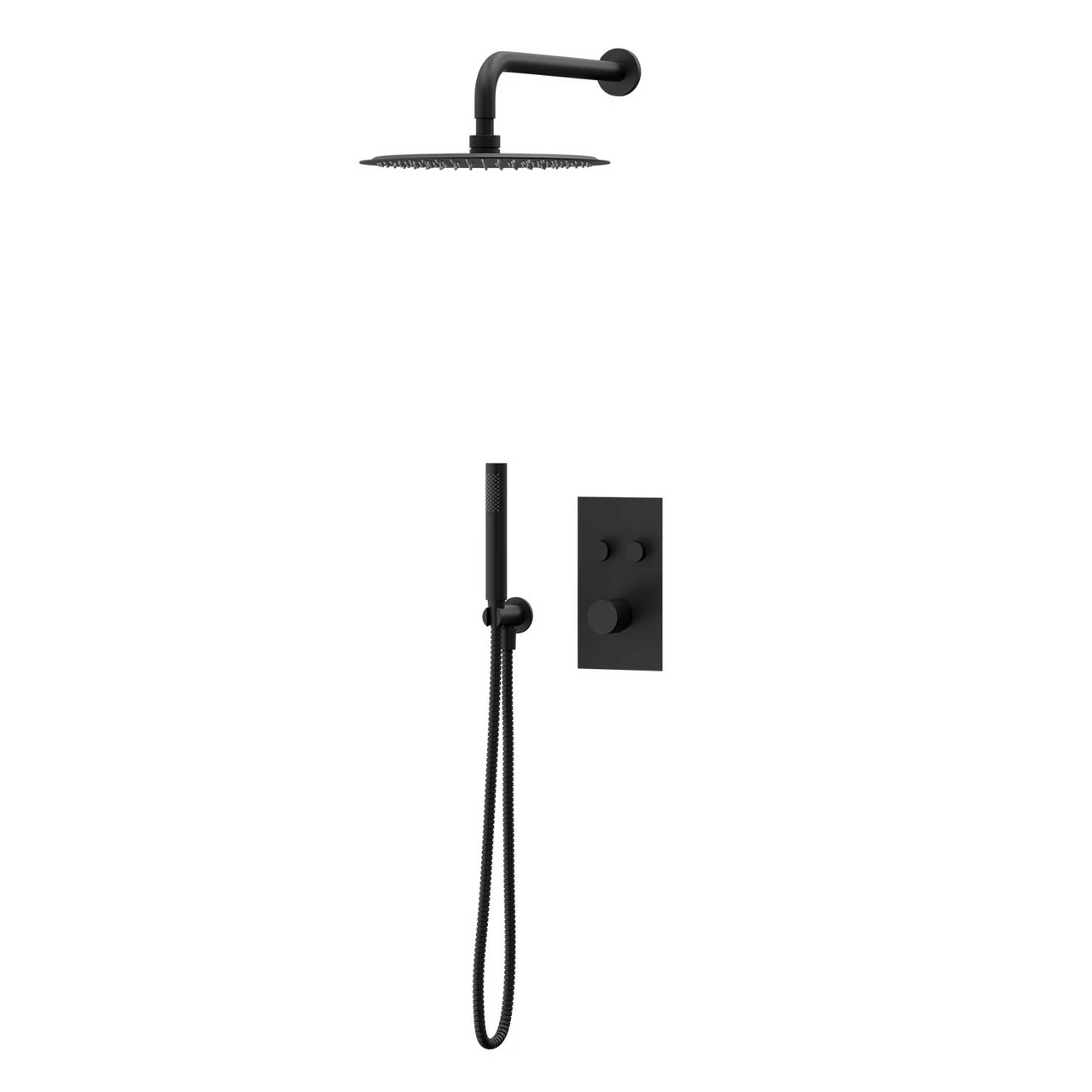 Colore Matt Black Concealed Push Button Twin Thermostatic Shower Valve Including 300mm Round Fixed Shower Head With Wall Arm And Round Shower Outlet Holder With Kit - 2 Outlet 3 Colore Matt Black Concealed Push Button Twin Thermostatic Shower Valve Including 300mm Round Fixed Shower Head With Wall Arm And Round Shower Outlet Holder With Kit - 2 Outlet