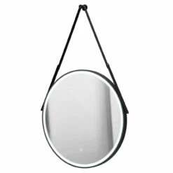 Colore Matt Black Frame With Black Strap 600mm Round Illuminated LED Mirror With Demister And Touch Sensor