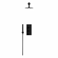 Wholesaledomestic Shop -Wholesaledomestic Shop colore matt black triple thermostatic valve mixer shower including 200mm round fixed shower head with wall arm and round shower outlet holder with kit front 81340.1652445033