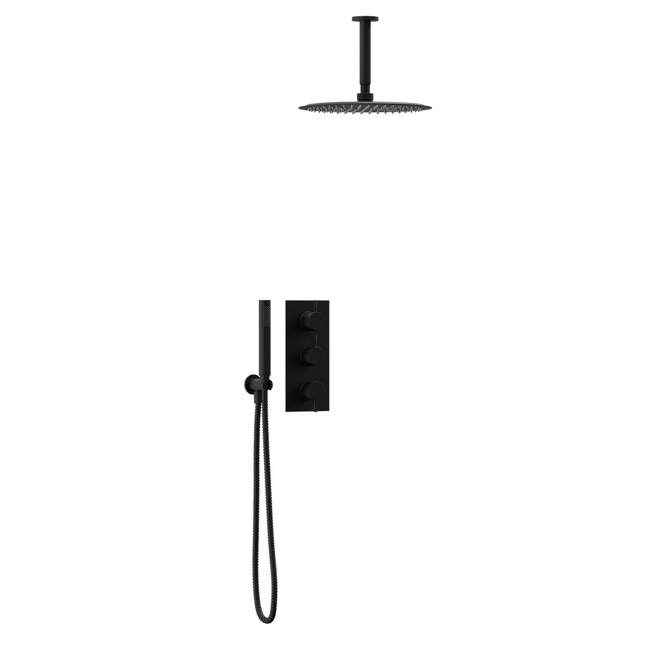 Colore Matt Black Triple Thermostatic Valve Mixer Shower Including 300mm Round Fixed Shower Head With Ceiling Arm And Round Shower Outlet Holder With Kit - 2 Outlet 5 Colore Matt Black Triple Thermostatic Valve Mixer Shower Including 300mm Round Fixed Shower Head With Ceiling Arm And Round Shower Outlet Holder With Kit - 2 Outlet - Image 3