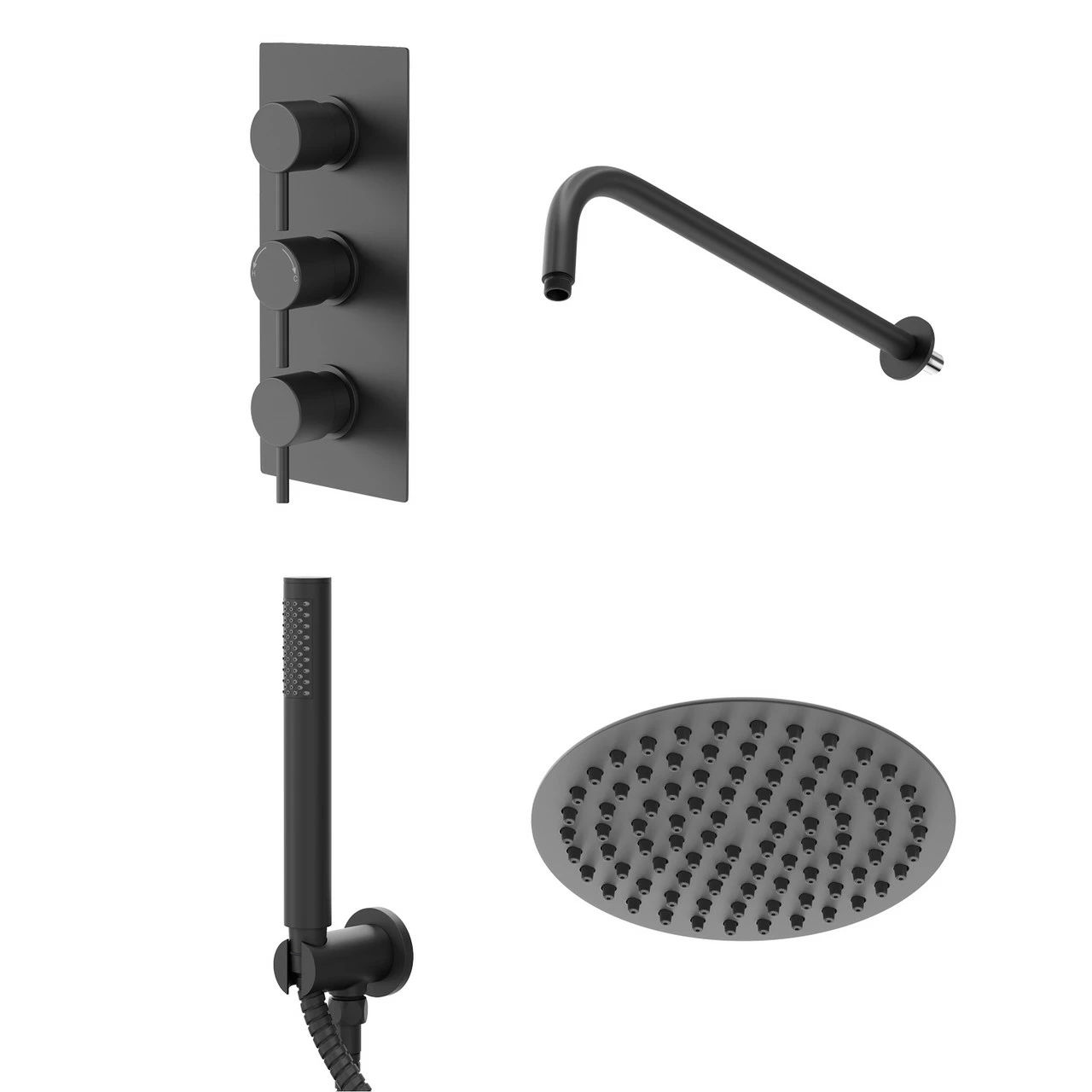 Colore Matt Black Triple Thermostatic Valve Mixer Shower With Round Fixed Head And Round Handset Outlet Holder - 2 Outlet 2 Colore Matt Black Triple Thermostatic Valve Mixer Shower With Round Fixed Head And Round Handset Outlet Holder - 2 Outlet
