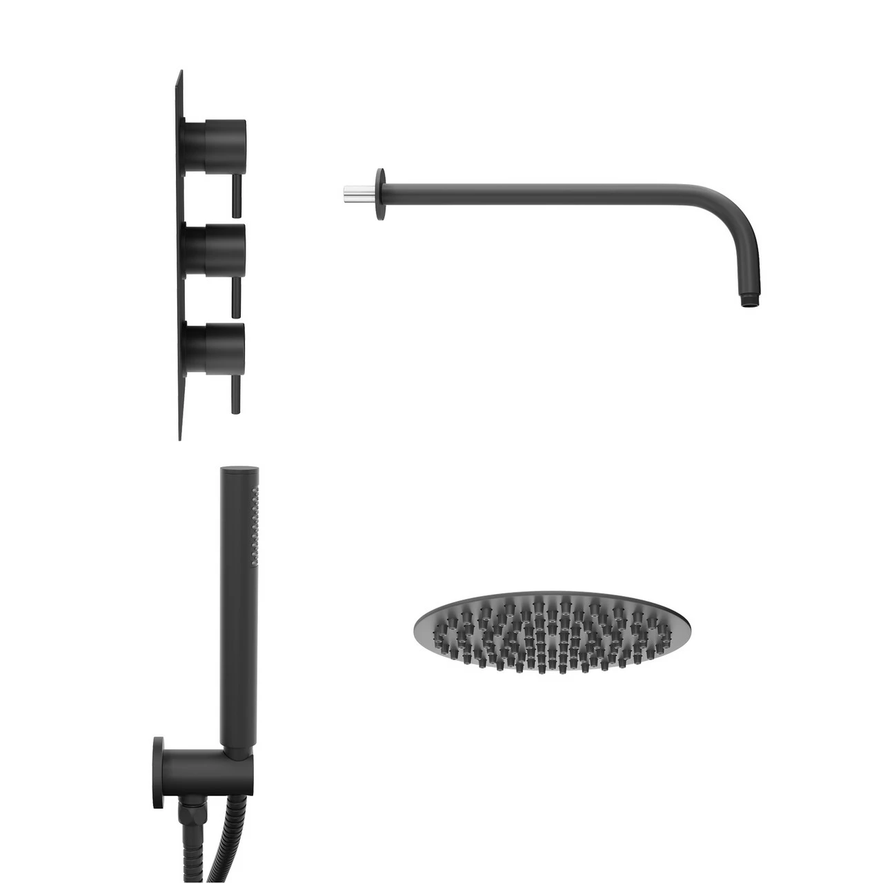 Colore Matt Black Triple Thermostatic Valve Mixer Shower With Round Fixed Head And Round Handset Outlet Holder - 2 Outlet 5 Colore Matt Black Triple Thermostatic Valve Mixer Shower With Round Fixed Head And Round Handset Outlet Holder - 2 Outlet - Image 4