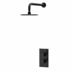 Colore Matt Black Twin Thermostatic Valve Mixer Shower With 200mm Round Fixed Shower Head And Wall Arm - 1 Outlet