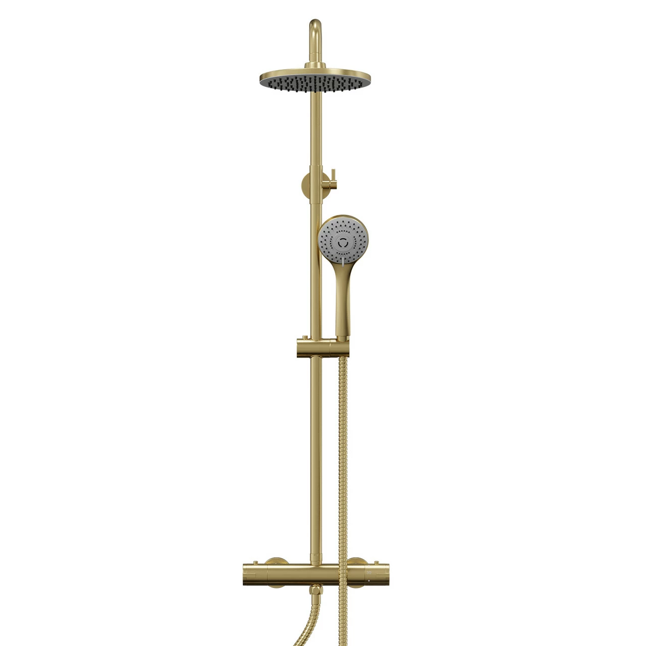Colore Round Brushed Brass Thermostatic Rigid Riser Kit And Handset Shower System 4 Colore Round Brushed Brass Thermostatic Rigid Riser Kit And Handset Shower System - Image 2