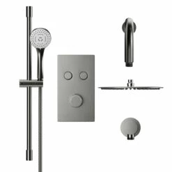 Wholesaledomestic Shop -Wholesaledomestic Shop colore round gunmetal grey concealed push button twin thermostatic shower valve including 200mm fixed shower head with wall arm and slide rail kit front 04223.1672833239