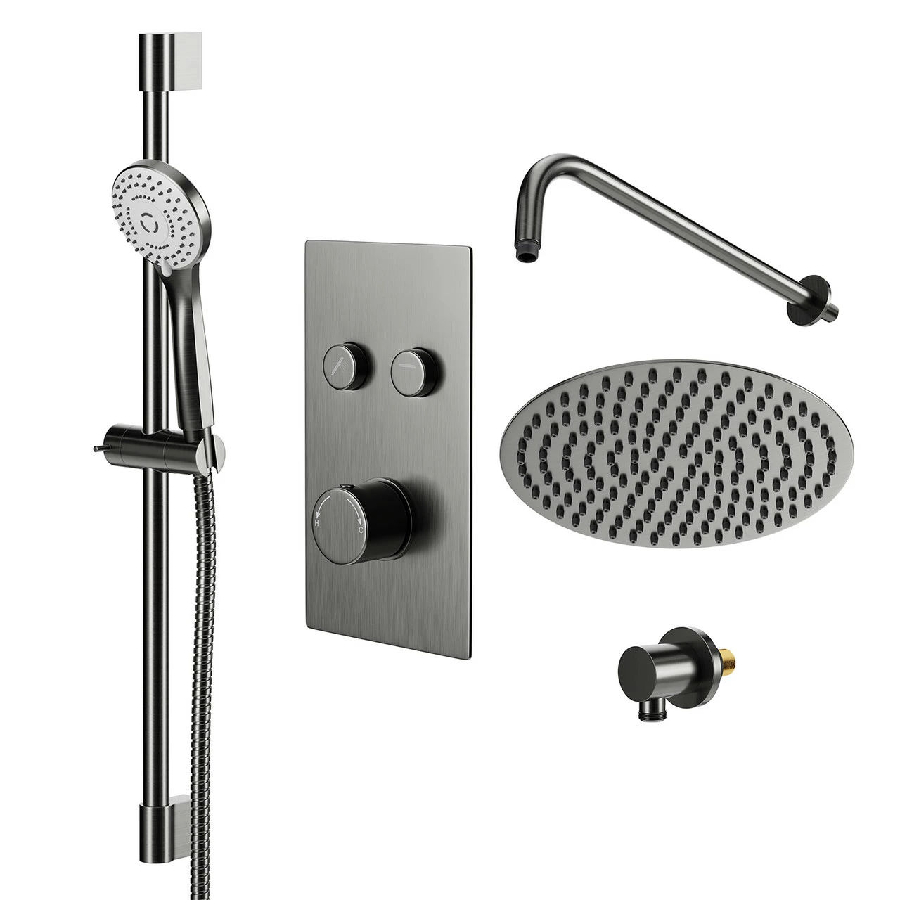 Colore Round Gunmetal Grey Concealed Push Button Twin Thermostatic Shower Valve Including 200mm Fixed Shower Head With Wall Arm And Slide Rail Kit - 2 Outlet 3 Colore Round Gunmetal Grey Concealed Push Button Twin Thermostatic Shower Valve Including 200mm Fixed Shower Head With Wall Arm And Slide Rail Kit - 2 Outlet