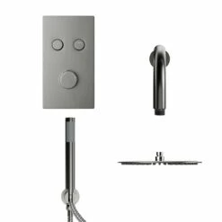 Colore Round Gunmetal Grey Concealed Push Button Twin Thermostatic Shower Valve Including 300mm Fixed Shower Head With Wall Arm And Shower Outlet Holder With Kit - 2 Outlet 9 Colore Round Gunmetal Grey Concealed Push Button Twin Thermostatic Shower Valve Including 300mm Fixed Shower Head With Wall Arm And Shower Outlet Holder With Kit - 2 Outlet -Wholesaledomestic Shop colore round gunmetal grey concealed push button twin thermostatic shower valve including 300mm fixed shower head with wall arm and shower outlet holder with kit front 93191.1672833237