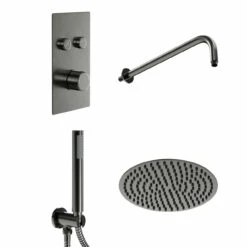 Colore Round Gunmetal Grey Concealed Push Button Twin Thermostatic Shower Valve Including 300mm Fixed Shower Head With Wall Arm And Shower Outlet Holder With Kit - 2 Outlet 10 Colore Round Gunmetal Grey Concealed Push Button Twin Thermostatic Shower Valve Including 300mm Fixed Shower Head With Wall Arm And Shower Outlet Holder With Kit - 2 Outlet -Wholesaledomestic Shop colore round gunmetal grey concealed push button twin thermostatic shower valve including 300mm fixed shower head with wall arm and shower outlet holder with kit left 02066.1672833237
