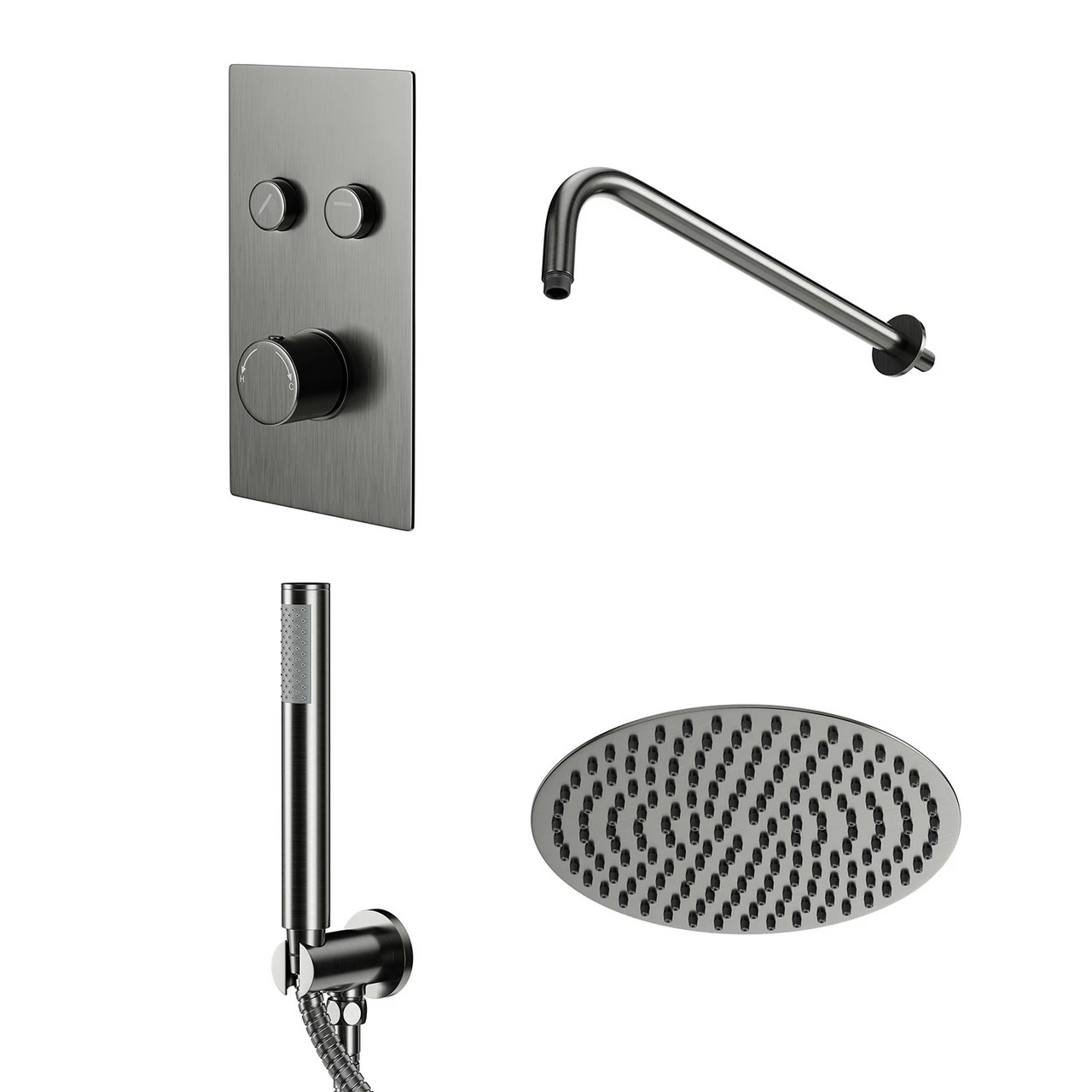 Colore Round Gunmetal Grey Concealed Push Button Twin Thermostatic Shower Valve Including 300mm Fixed Shower Head With Wall Arm And Shower Outlet Holder With Kit - 2 Outlet 3 Colore Round Gunmetal Grey Concealed Push Button Twin Thermostatic Shower Valve Including 300mm Fixed Shower Head With Wall Arm And Shower Outlet Holder With Kit - 2 Outlet